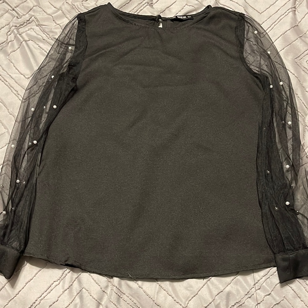 SHEIN sheer long sleeve pearl shirt